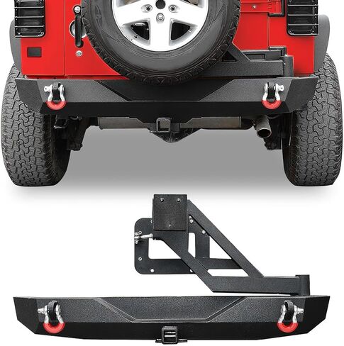 المصد الخلفي YITAMOTOR مع حامل الإطارات متوافق مع 2007-2018 Jeep Wrangler JK & Unlimited JKU، زاحف الصخور على الطرق الوعرة، مصد أسود بعرض كامل مع جهاز استقبال وصلة 2 بوصة وحلقات على شكل حرف D in Saudi Arabia