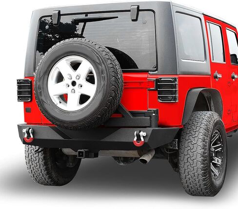 المصد الخلفي YITAMOTOR مع حامل الإطارات متوافق مع 2007-2018 Jeep Wrangler JK & Unlimited JKU، زاحف الصخور على الطرق الوعرة، مصد أسود بعرض كامل مع جهاز استقبال وصلة 2 بوصة وحلقات على شكل حرف D in Saudi Arabia