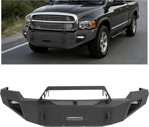 Front Bumper Assembly Compatible with 2003-2005 Dodge Ram 2500 3500(Excluding Diesel Models) w/Winch Plate, LED Lights, D-Ring Holes&Bull Bar Steel+Plastic Powder Coated Black in Kuwait