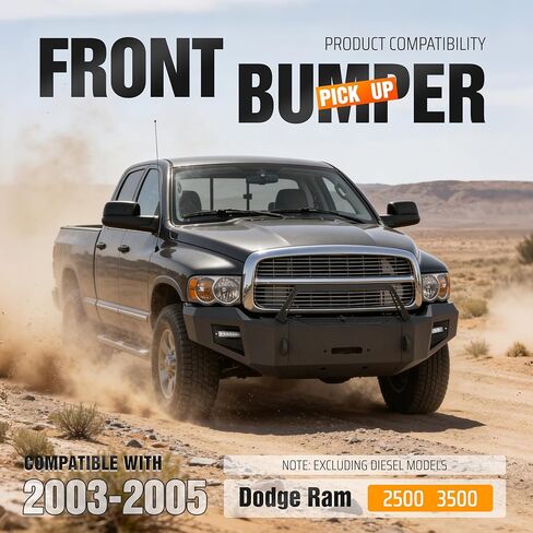 Front Bumper Assembly Compatible with 2003-2005 Dodge Ram 2500 3500(Excluding Diesel Models) w/Winch Plate, LED Lights, D-Ring Holes&Bull Bar Steel+Plastic Powder Coated Black in Kuwait