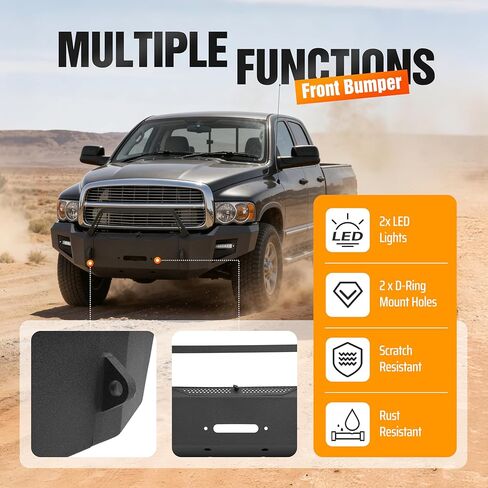 Front Bumper Assembly Compatible with 2003-2005 Dodge Ram 2500 3500(Excluding Diesel Models) w/Winch Plate, LED Lights, D-Ring Holes&Bull Bar Steel+Plastic Powder Coated Black in Kuwait