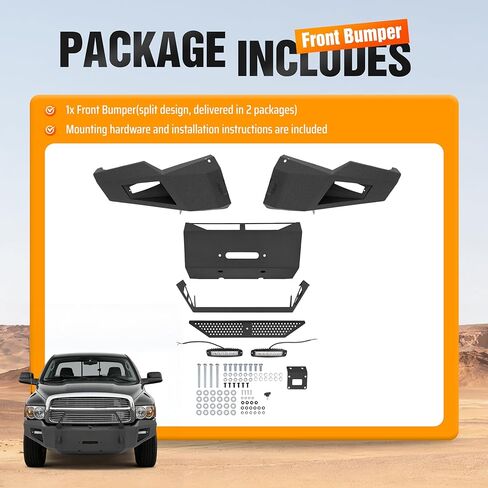 Front Bumper Assembly Compatible with 2003-2005 Dodge Ram 2500 3500(Excluding Diesel Models) w/Winch Plate, LED Lights, D-Ring Holes&Bull Bar Steel+Plastic Powder Coated Black in Kuwait