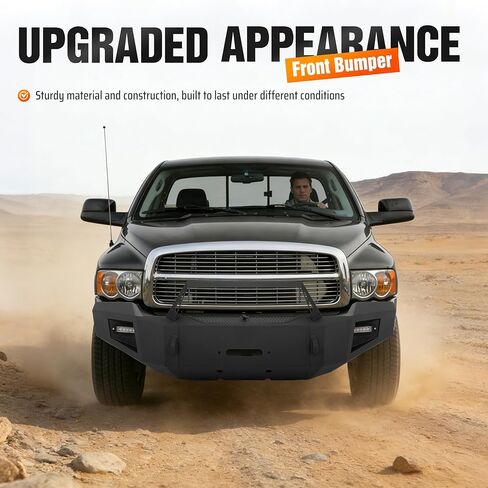 Front Bumper Assembly Compatible with 2003-2005 Dodge Ram 2500 3500(Excluding Diesel Models) w/Winch Plate, LED Lights, D-Ring Holes&Bull Bar Steel+Plastic Powder Coated Black in Kuwait