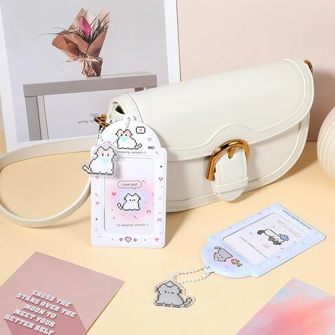 2 Pcs Cute Photocard Holder, Y2K Kawaii Photo Card with Cute Cat Keychain Bus Card Case Keychain PU Leather ID for Phone Accessories in Saudi Arabia