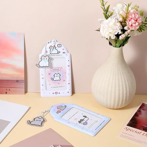 2 Pcs Cute Photocard Holder, Y2K Kawaii Photo Card with Cute Cat Keychain Bus Card Case Keychain PU Leather ID for Phone Accessories in Saudi Arabia