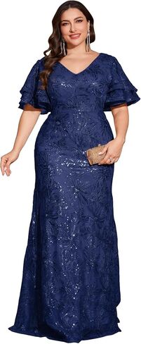 Women's Plus Size Sequin Evening Gown Formal Dress Flutter Sleeve Wedding Guest Dress in Kuwait