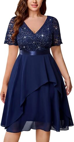 MISSMAY Women's Plus Size Sequin Lace V Neck Double Tiered Layer Chiffon Prom Party Cocktail Dress in Kuwait