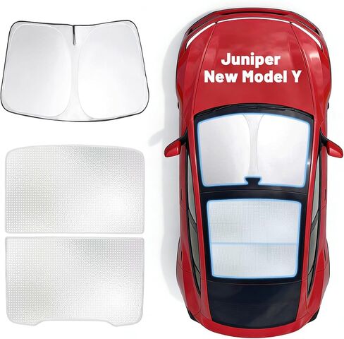 3PCS Tesla Model Y Sunshade Set for Juniper 2025-2026, Windshield Sun Shade & Sunshade Roof, Glass Sunroof Cover [No Gaps No Sagging] Front Window Shades Protect Interior Dashboard & Screen in Kuwait