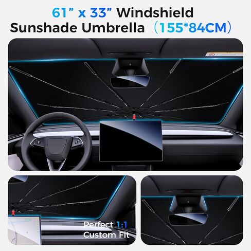 مظلة شمسية للزجاج الأمامي للسيارة، مظلة نافذة أمامية قابلة للطي مع كتلة للأشعة فوق البنفسجية وتقليل الحرارة، إطار معزز، مظلة شمسية سهلة التركيب، مناسبة عالميًا للسيارات والشاحنات ذات الدفع الرباعي (61 بوصة × 33 بوصة) in Kuwait