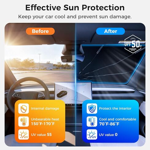 مظلة شمسية للزجاج الأمامي للسيارة، مظلة نافذة أمامية قابلة للطي مع كتلة للأشعة فوق البنفسجية وتقليل الحرارة، إطار معزز، مظلة شمسية سهلة التركيب، مناسبة عالميًا للسيارات والشاحنات ذات الدفع الرباعي (61 بوصة × 33 بوصة) in Kuwait
