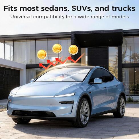 مظلة شمسية للزجاج الأمامي للسيارة، مظلة نافذة أمامية قابلة للطي مع كتلة للأشعة فوق البنفسجية وتقليل الحرارة، إطار معزز، مظلة شمسية سهلة التركيب، مناسبة عالميًا للسيارات والشاحنات ذات الدفع الرباعي (61 بوصة × 33 بوصة) in Kuwait