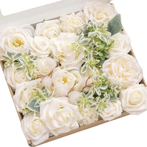 Ling's Moment White Flowers Artificial, Ivory Fake Flowers and Greenery Combo for DIY Wedding Bridal Bouquet, Corsage, Boutonniere, Centerpieces, Floral Arrangement Decor, etc. in Kuwait