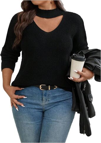 Women's Plus Size Cut Out Mock Neck Sweater Elegant Long Sleeve Ribbed Knit Pullover Tops in Saudi Arabia