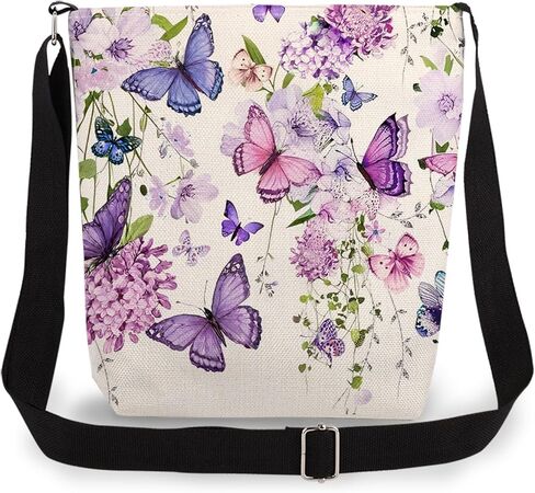 Purple Floral Butterfly Print Canvas Crossbody Bag, Adjustable Strap Lightweight Purse with Top Zipper & Inner Pocket, Daily Shoulder Bag Gift for Women -1 in Kuwait