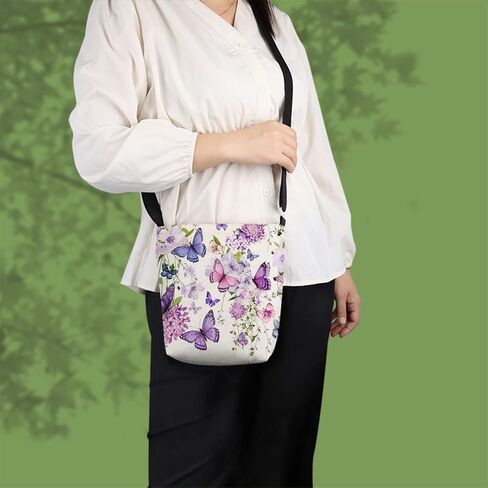 Purple Floral Butterfly Print Canvas Crossbody Bag, Adjustable Strap Lightweight Purse with Top Zipper & Inner Pocket, Daily Shoulder Bag Gift for Women -1 in Kuwait