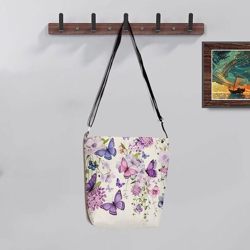 Purple Floral Butterfly Print Canvas Crossbody Bag, Adjustable Strap Lightweight Purse with Top Zipper & Inner Pocket, Daily Shoulder Bag Gift for Women -1 in Kuwait