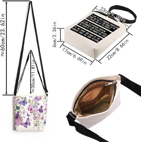 Purple Floral Butterfly Print Canvas Crossbody Bag, Adjustable Strap Lightweight Purse with Top Zipper & Inner Pocket, Daily Shoulder Bag Gift for Women -1 in Kuwait