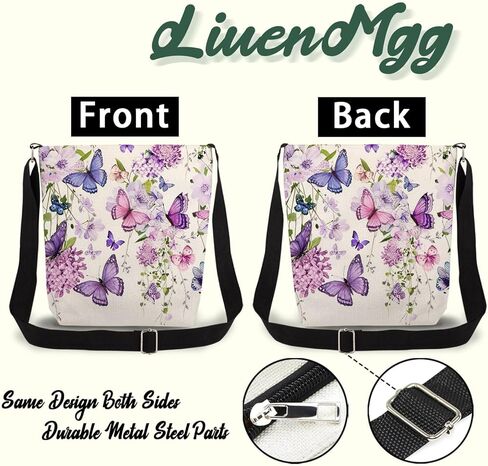 Purple Floral Butterfly Print Canvas Crossbody Bag, Adjustable Strap Lightweight Purse with Top Zipper & Inner Pocket, Daily Shoulder Bag Gift for Women -1 in Kuwait