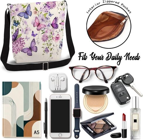 Purple Floral Butterfly Print Canvas Crossbody Bag, Adjustable Strap Lightweight Purse with Top Zipper & Inner Pocket, Daily Shoulder Bag Gift for Women -1 in Kuwait