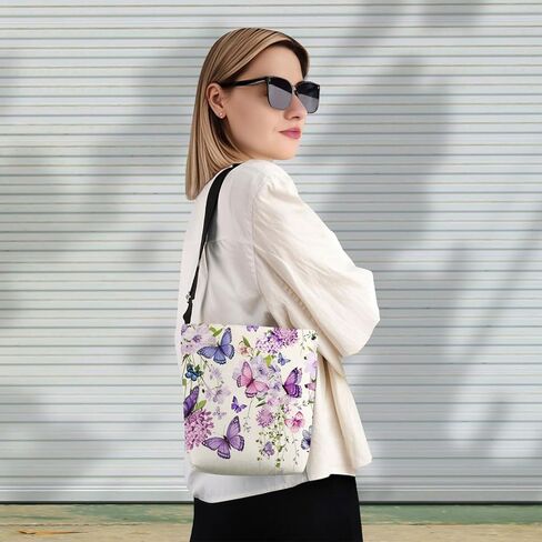 Purple Floral Butterfly Print Canvas Crossbody Bag, Adjustable Strap Lightweight Purse with Top Zipper & Inner Pocket, Daily Shoulder Bag Gift for Women -1 in Kuwait