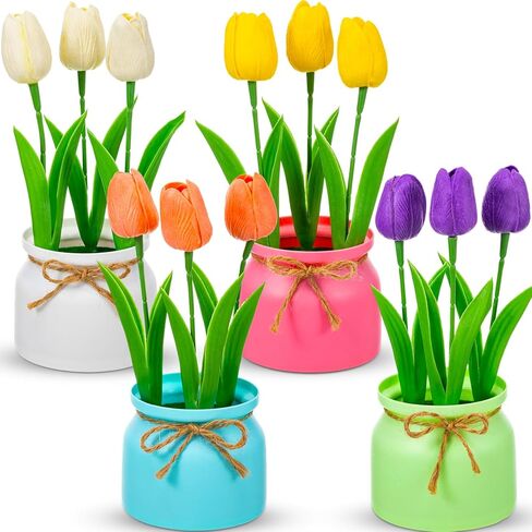 4 Pack Artificial Pot Tulips Small Fake Plants with Macaron Flowerpot Mini Faux Multicolor Potted Tulip Flowers Spring Table Centerpiece Indoor for Home Office Easter Wedding Party in Kuwait