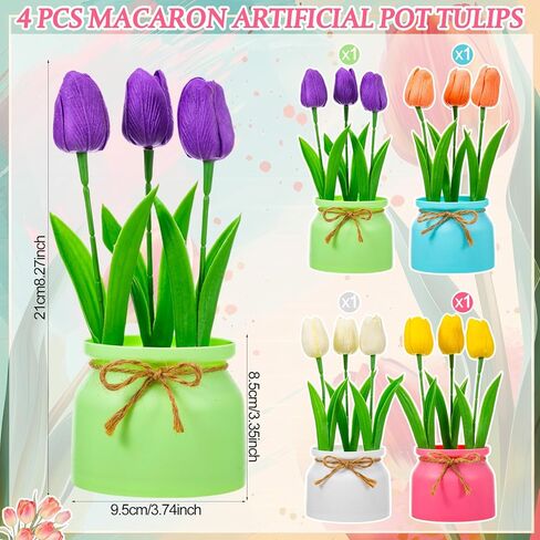 4 Pack Artificial Pot Tulips Small Fake Plants with Macaron Flowerpot Mini Faux Multicolor Potted Tulip Flowers Spring Table Centerpiece Indoor for Home Office Easter Wedding Party in Kuwait