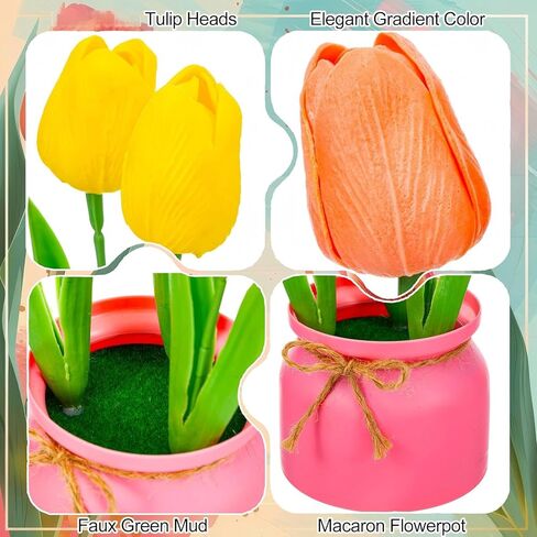 4 Pack Artificial Pot Tulips Small Fake Plants with Macaron Flowerpot Mini Faux Multicolor Potted Tulip Flowers Spring Table Centerpiece Indoor for Home Office Easter Wedding Party in Kuwait