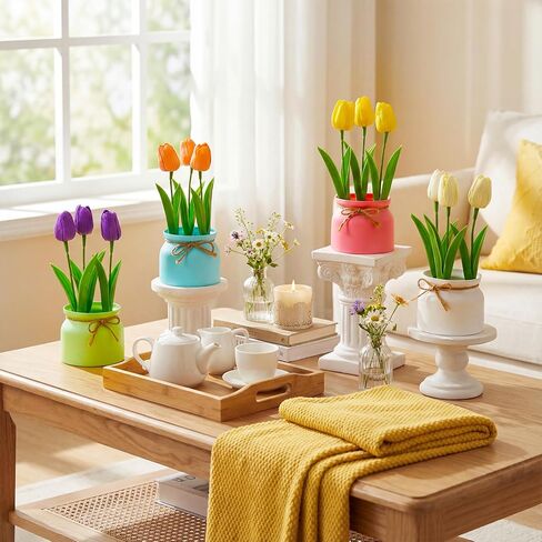 4 Pack Artificial Pot Tulips Small Fake Plants with Macaron Flowerpot Mini Faux Multicolor Potted Tulip Flowers Spring Table Centerpiece Indoor for Home Office Easter Wedding Party in Kuwait