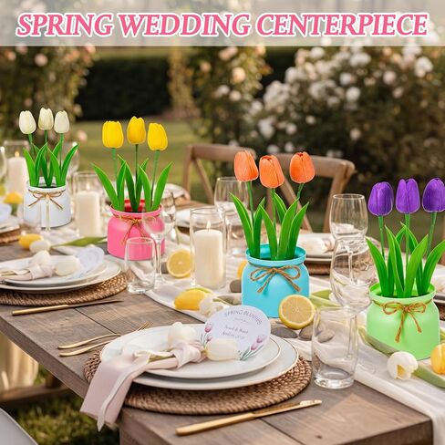 4 Pack Artificial Pot Tulips Small Fake Plants with Macaron Flowerpot Mini Faux Multicolor Potted Tulip Flowers Spring Table Centerpiece Indoor for Home Office Easter Wedding Party in Kuwait