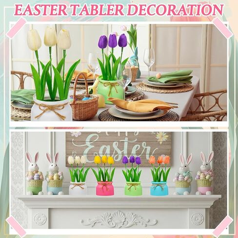 4 Pack Artificial Pot Tulips Small Fake Plants with Macaron Flowerpot Mini Faux Multicolor Potted Tulip Flowers Spring Table Centerpiece Indoor for Home Office Easter Wedding Party in Kuwait