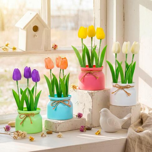 4 Pack Artificial Pot Tulips Small Fake Plants with Macaron Flowerpot Mini Faux Multicolor Potted Tulip Flowers Spring Table Centerpiece Indoor for Home Office Easter Wedding Party in Kuwait