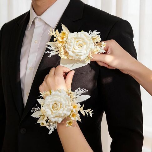 Serwalin 2Pcs Corsage and Boutonniere Set,White Rose Corsage Wristlet and Pocket Boutonniere for Men Prom Wedding Homecoming Anniversary Graduation in Kuwait