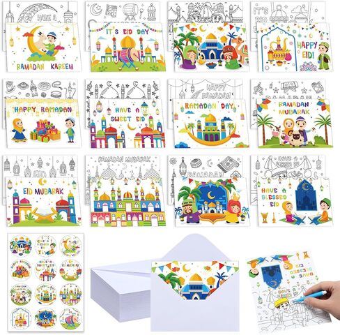 36 Sets Ramadan Mubarak Coloring Greeting Cards with Stickers Envelopes Color Your Own Eid Mubarak Postcards Ramadan Kareem Paper Crafts in Saudi Arabia