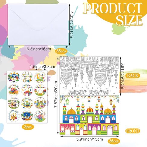 36 Sets Ramadan Mubarak Coloring Greeting Cards with Stickers Envelopes Color Your Own Eid Mubarak Postcards Ramadan Kareem Paper Crafts in Saudi Arabia