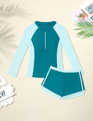 ملابس سباحة للفتيات من Rash Guard بأكمام طويلة قطعتين ملابس سباحة للفتيات بسحاب ألوان كتلة للفتيات بدلة استحمام مقاس 7-16 in Kuwait