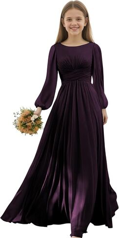 فساتين وصيفة العروس الصغيرة بأكمام طويلة من الشيفون للفتيات فستان رسمي على شكل حرف A لحفلات الزفاف للفتيات المراهقات in Kuwait