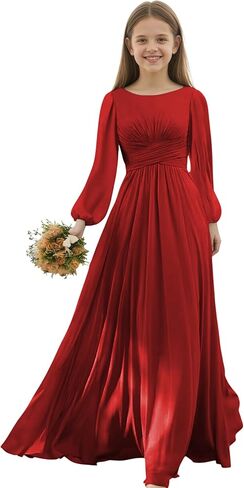 Junior Bridesmaid Dresses Long Sleeve Chiffon Girls Formal Dress A Line Wedding Party Gown for Teen Girls in Saudi Arabia