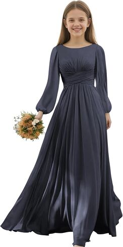 Junior Bridesmaid Dresses Long Sleeve Chiffon Girls Formal Dress A Line Wedding Party Gown for Teen Girls in Saudi Arabia