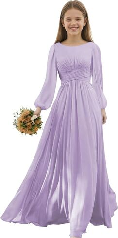 Junior Bridesmaid Dresses Long Sleeve Chiffon Girls Formal Dress A Line Wedding Party Gown for Teen Girls in Saudi Arabia