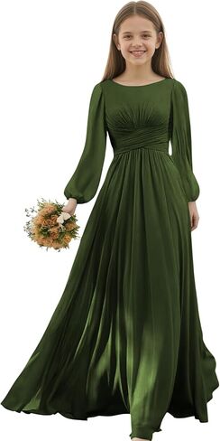 Junior Bridesmaid Dresses Long Sleeve Chiffon Girls Formal Dress A Line Wedding Party Gown for Teen Girls in Saudi Arabia