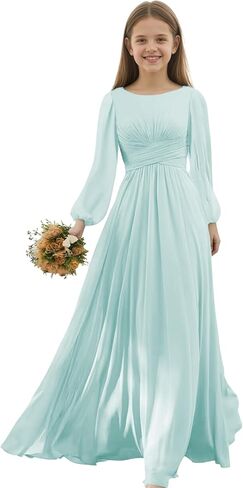Junior Bridesmaid Dresses Long Sleeve Chiffon Girls Formal Dress A Line Wedding Party Gown for Teen Girls in Saudi Arabia