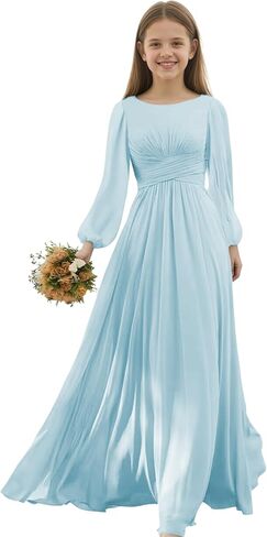 Junior Bridesmaid Dresses Long Sleeve Chiffon Girls Formal Dress A Line Wedding Party Gown for Teen Girls in Saudi Arabia