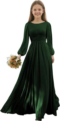 Junior Bridesmaid Dresses Long Sleeve Chiffon Girls Formal Dress A Line Wedding Party Gown for Teen Girls in Saudi Arabia