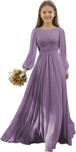 Junior Bridesmaid Dresses Long Sleeve Chiffon Girls Formal Dress A Line Wedding Party Gown for Teen Girls in Saudi Arabia