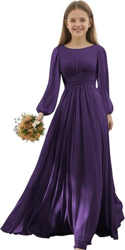 Junior Bridesmaid Dresses Long Sleeve Chiffon Girls Formal Dress A Line Wedding Party Gown for Teen Girls in Saudi Arabia