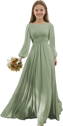 Junior Bridesmaid Dresses Long Sleeve Chiffon Girls Formal Dress A Line Wedding Party Gown for Teen Girls in Saudi Arabia