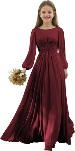 Junior Bridesmaid Dresses Long Sleeve Chiffon Girls Formal Dress A Line Wedding Party Gown for Teen Girls in Saudi Arabia