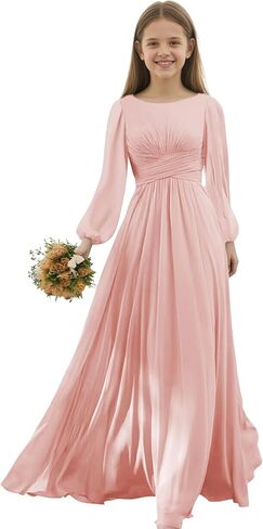 Junior Bridesmaid Dresses Long Sleeve Chiffon Girls Formal Dress A Line Wedding Party Gown for Teen Girls in Saudi Arabia