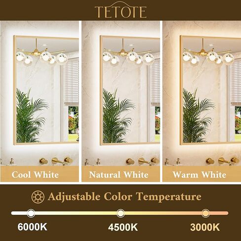 TETOTE 24 x 32 Backlit Bathroom Mirror Brushed Gold Metal Frame LED Light Vanity 3-Color White/Warm/Natural Stepless Dimmable Anti-Fog Backlight Mirror Wall-Mounted in Kuwait