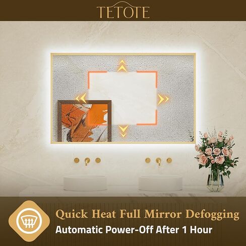 TETOTE 24 x 32 Backlit Bathroom Mirror Brushed Gold Metal Frame LED Light Vanity 3-Color White/Warm/Natural Stepless Dimmable Anti-Fog Backlight Mirror Wall-Mounted in Kuwait